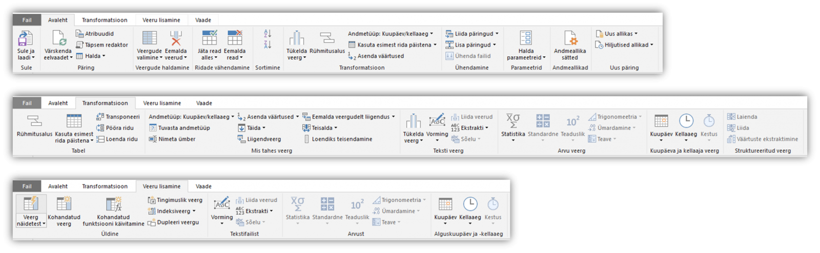 Power Query menüüd eesti keeles